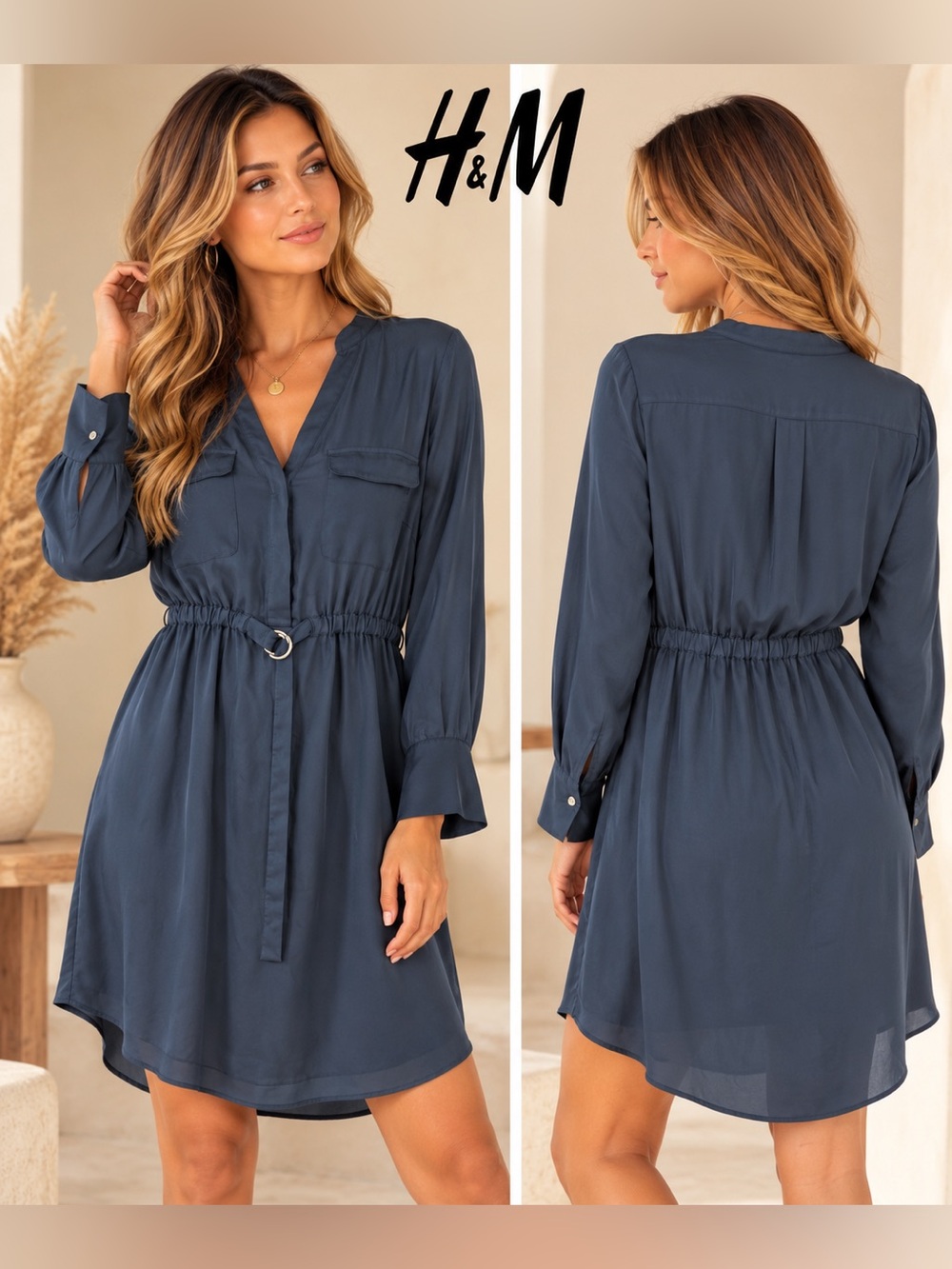 H&M Women's Polyester Belted Shirt Dress Blue Size 12